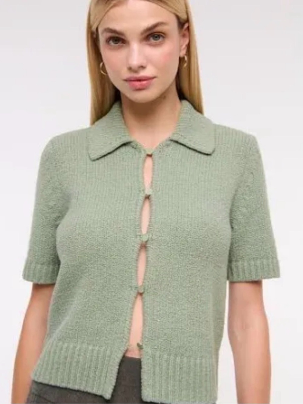 Light Sage Short-Sleeve Knit Cardigan Sweater